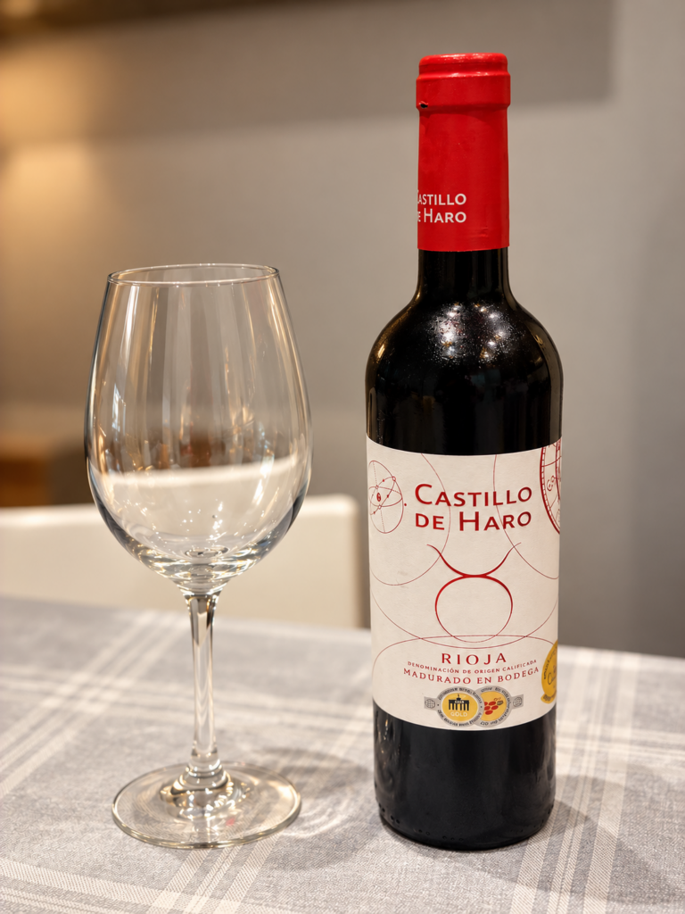 Botella de Castillo de Haro Rioja junto a una copa de vino